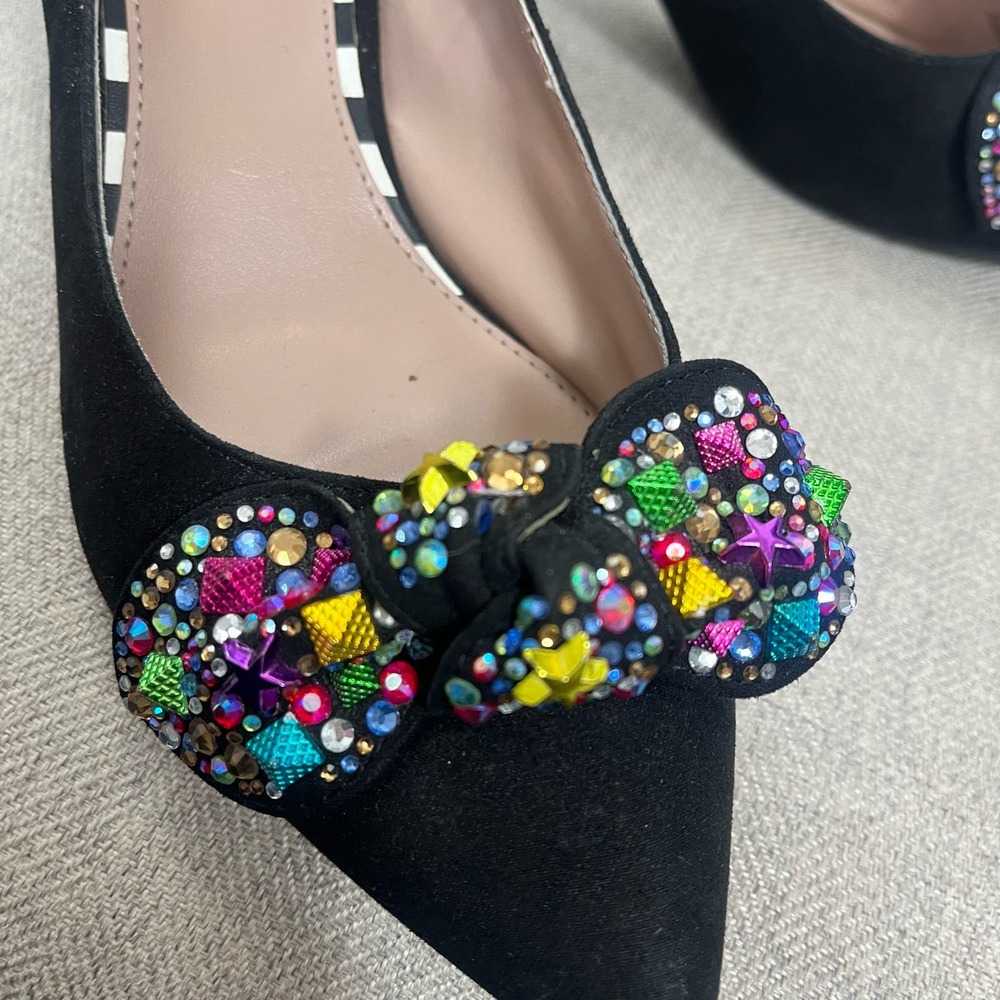 Betsey Johnson Black Pointed Toe Kitten Heel Pumps with Multicolor Gem Bow - Picture 4 of 8